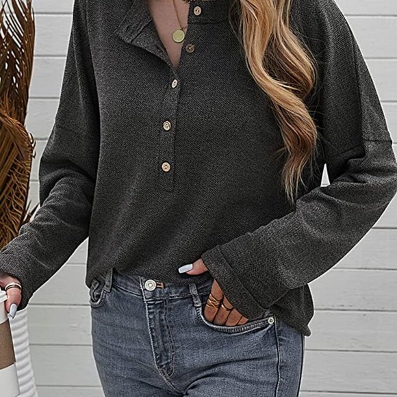 Bdcoco Women's V Neck Button Down Henley Tops Casual Long Sleeve Knitted Crop Bl - Picture 3 of 3